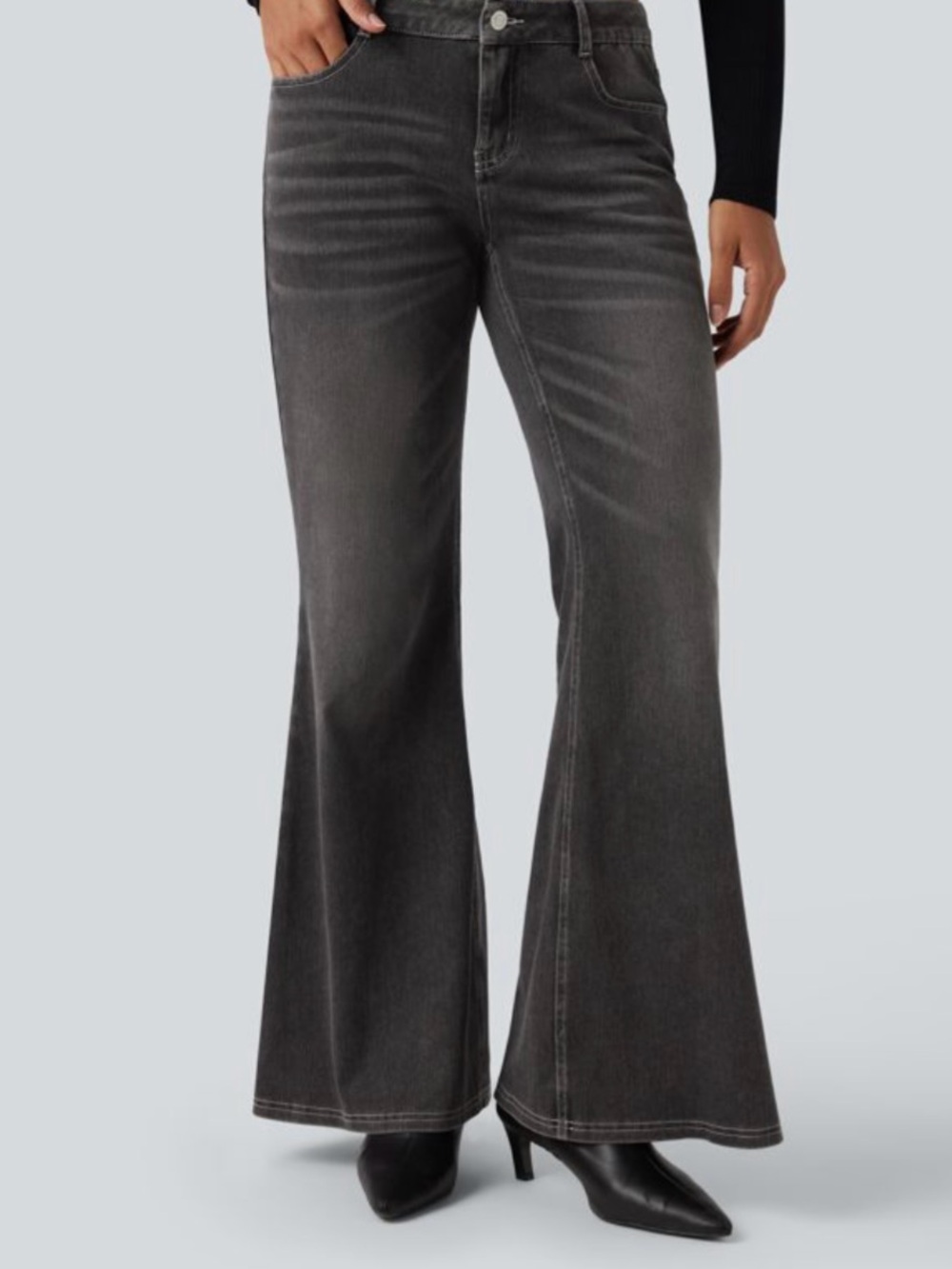 NWT Halara Flex Denim Mid Rise Gray Flare Jeans Zipper And Bottom Fly Sz Large